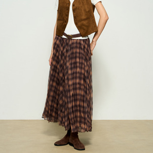 张小某梨形定制 垂感褶皱松紧腰网纱格纹半身裙1BW08Q2067