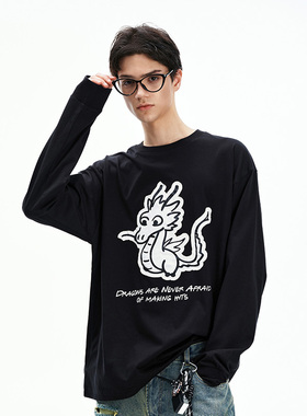 【DNA官方】2025春夏卡通龙贴布长袖T恤潮流休闲圆领套头纯棉上衣