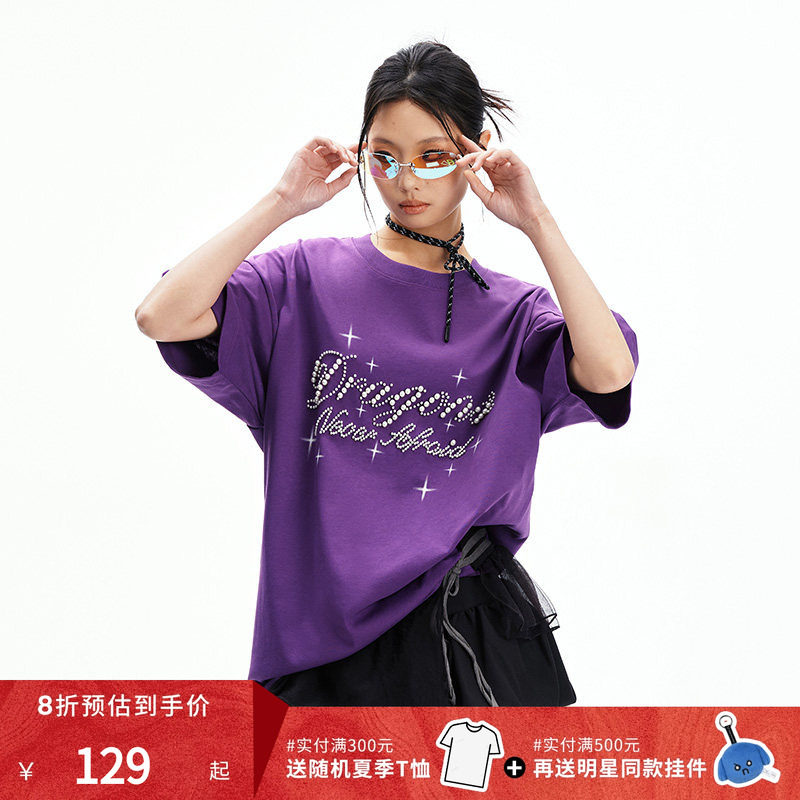 【DNA官方】珍珠字母短袖T恤2025年夏季时尚潮流上衣女宽松打