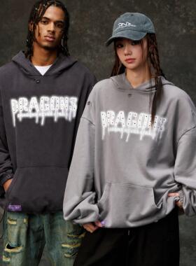 【DNA官方】连帽套头卫衣男斑驳厚板烫钻破洞洗水款宽松套头上衣