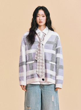 【DNA官方】格纹撞色针织开衫韩系氛围感百搭休闲风宽松毛衣外套