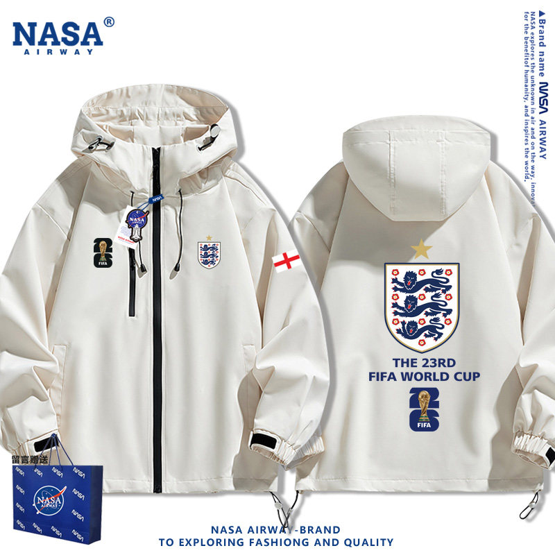 NASA联名2026世界足球杯英格兰队三狮球迷国家队服连帽冲锋衣夹克
