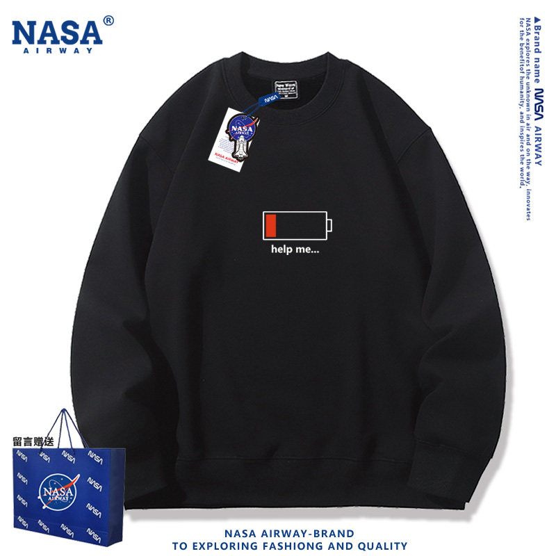 NASA联名电池电量不足创意趣味图案男女情侣圆领卫衣春秋宽松无帽
