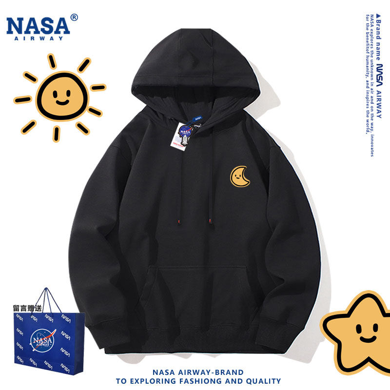 NASA联名潮牌太阳月亮星星卡通图案连帽卫衣男女学生套头上衣春秋