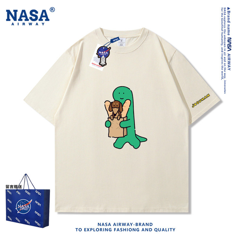 NASA联名乔古漫绿色小恐龙卡通图案印花男女纯棉短袖T恤夏季上衣