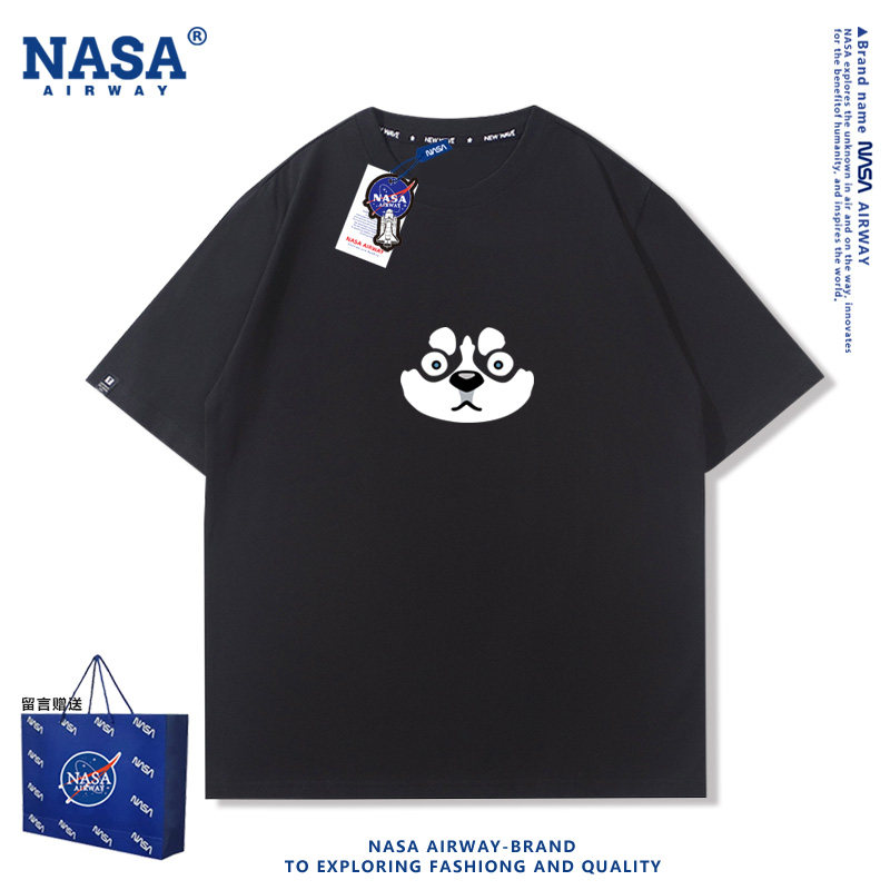 NASA AW哈士奇卡通图案国潮复古怀旧纯棉短袖t恤男女宽松半截袖夏