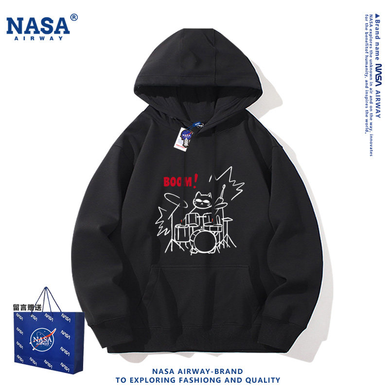 NASA AW摇滚架子鼓猫咪狗狗趣味图案潮牌连帽卫衣男女春秋薄款款