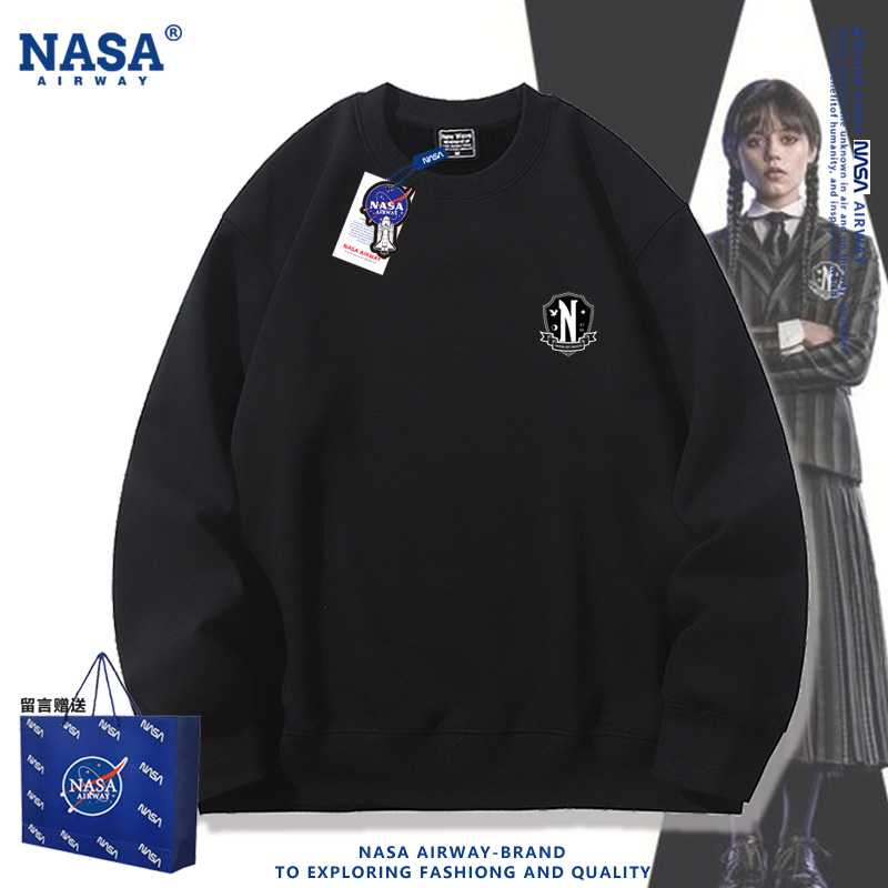 NASA联名亚当斯一家星期三nevermore学院徽章圆领卫衣男女上衣服