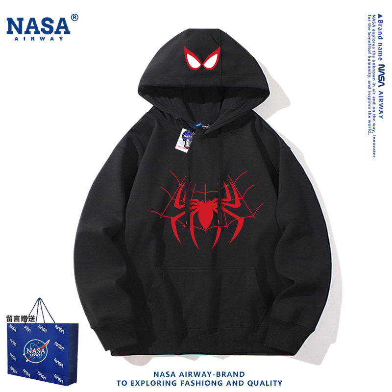 NASA美式复古hiphop蜘蛛侠动漫周边卡通男女秋冬连帽卫衣套头帽衫