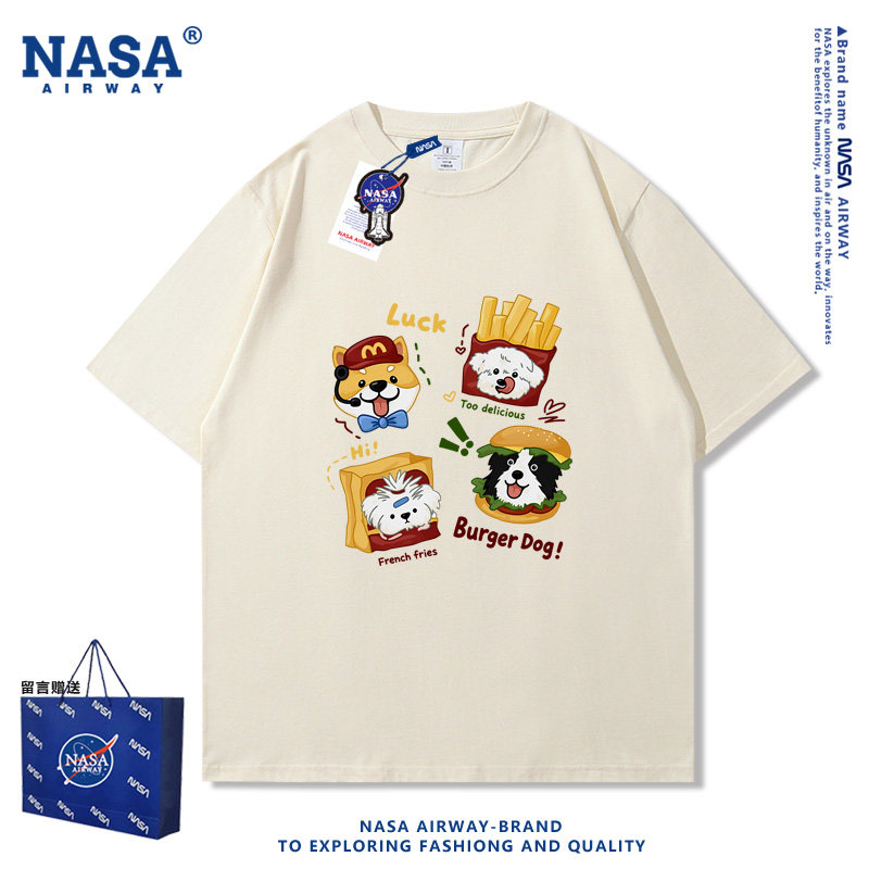 NASA AW小狗汉堡薯条潮牌美式卡通图案男女纯棉短袖T恤半袖上衣夏