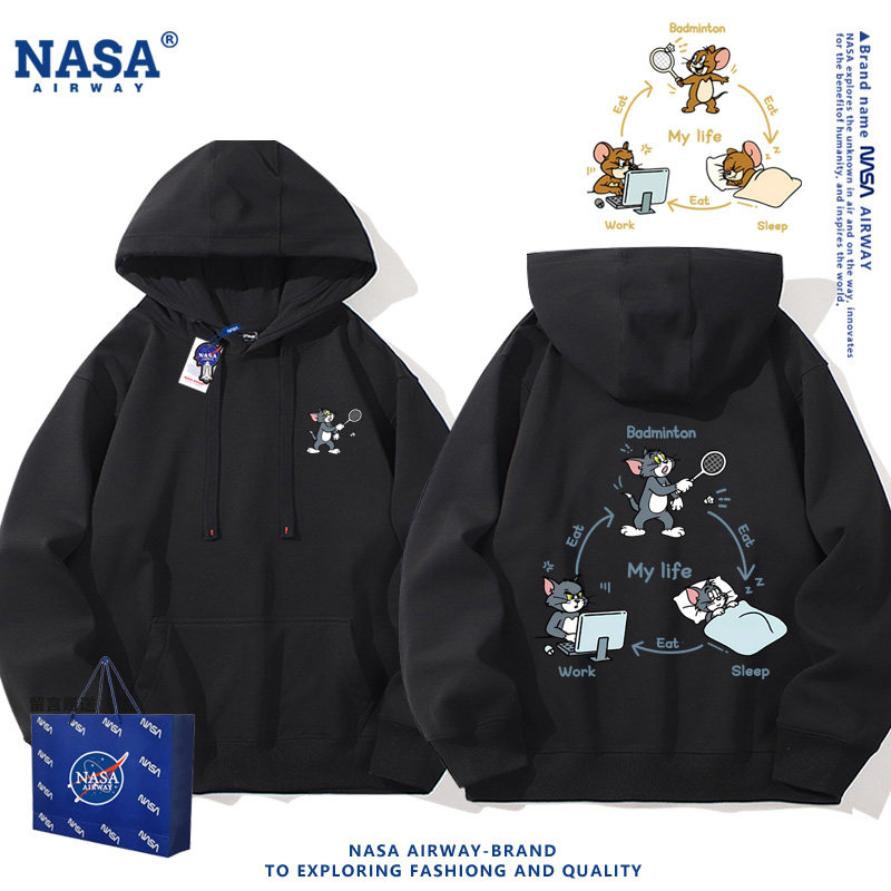 NASA联名猫和老鼠打羽毛球汤姆和杰瑞三点一线连帽卫衣男女生帽衫