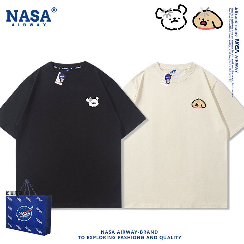NASA联名小白狗小鸡毛卡通图案加载中情侣男女纯棉短袖夏半袖T恤