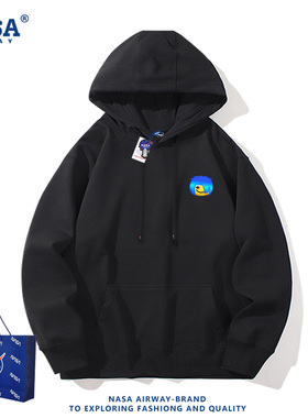 NASA联名蓝色杀马特抽象趣味图案表情包男女秋冬百搭连帽卫衣上衣