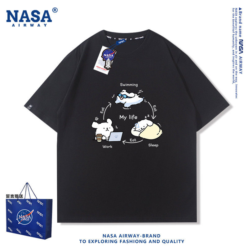 NASA AW小白狗小金毛游泳三点一线卡通图案纯棉短袖T恤夏季上衣服