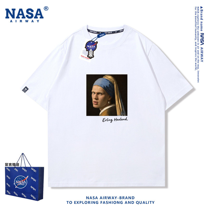 NASA联名恶搞挪威队哈兰德珍珠耳环趣味印花男女纯棉短袖T恤夏季