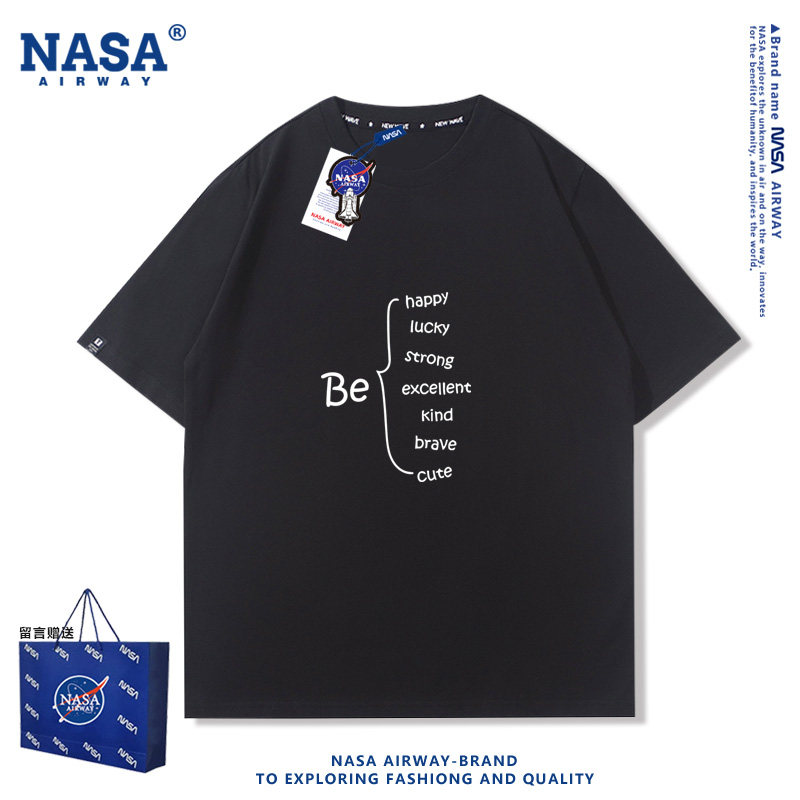 NASA联名要开心英文趣味字母简约纯棉短袖夏宽松潮牌T恤男女上衣