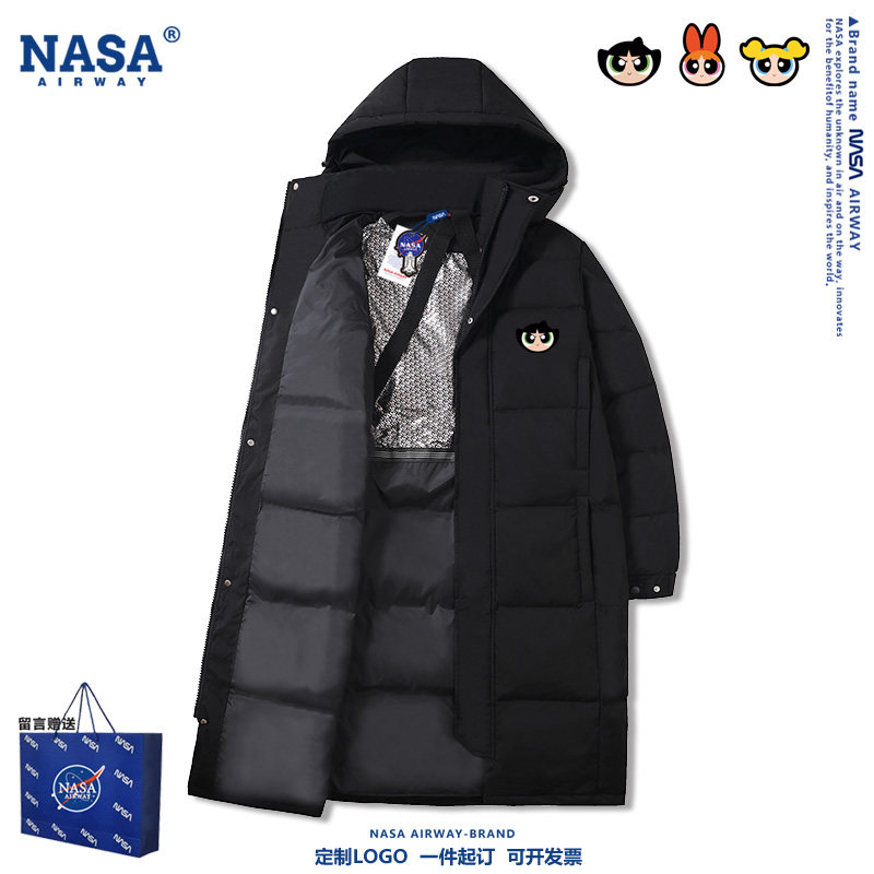 NASA联名飞天小女警卡通图案印花男女冬季连帽羽绒服中长款上衣服