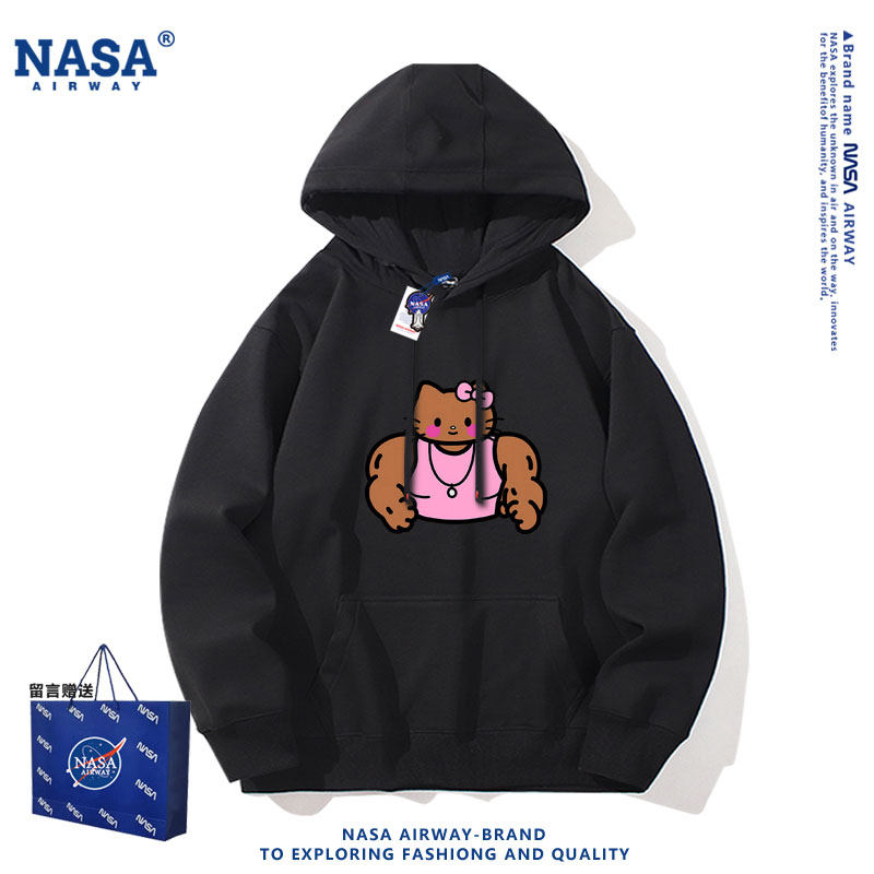 NASA联名黑皮肌肉粉色kitty猫猛男卡通图案趣味男女秋冬连帽卫衣