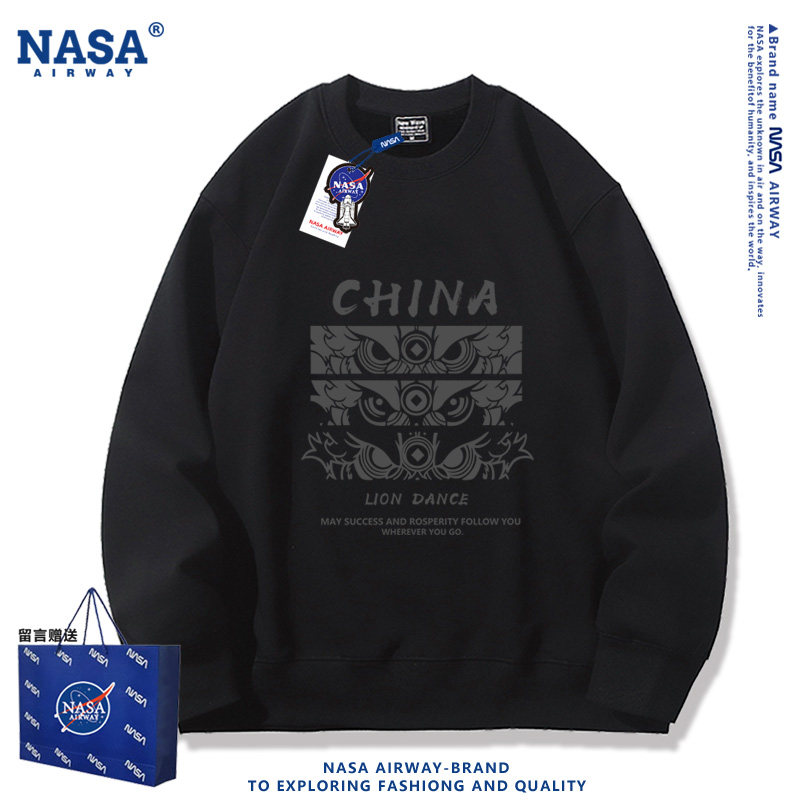 NASA联名国风醒狮潮牌男女生春秋薄款圆领卫衣百搭宽松上衣服帽衫