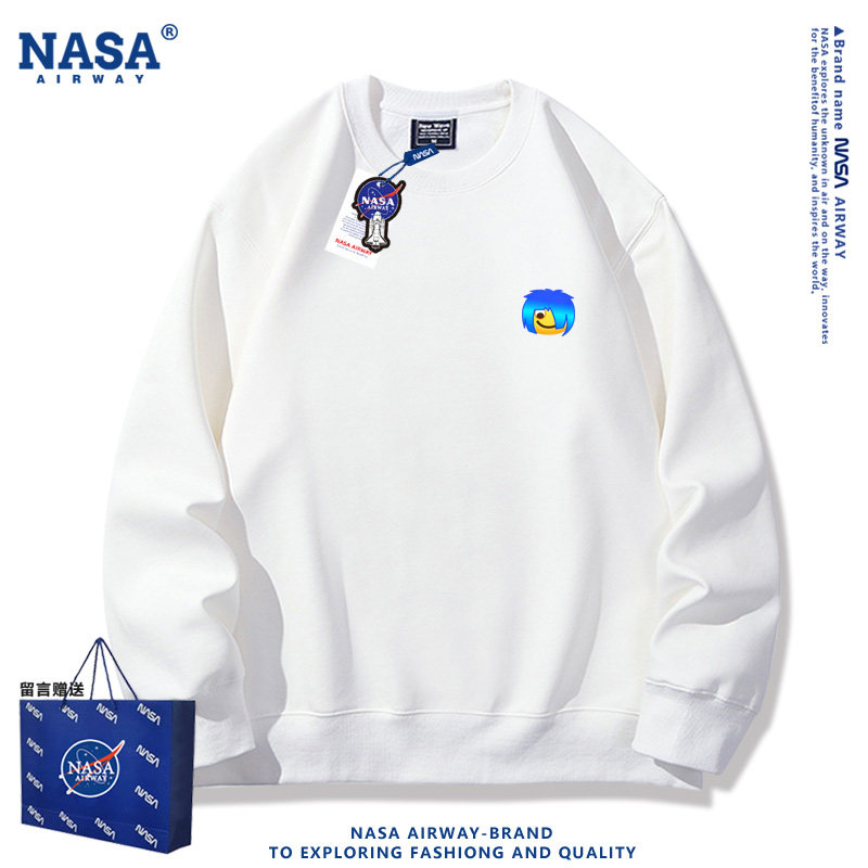 NASA联名蓝色杀马特抽象趣味表情包图案春秋圆领卫衣男女薄款上衣
