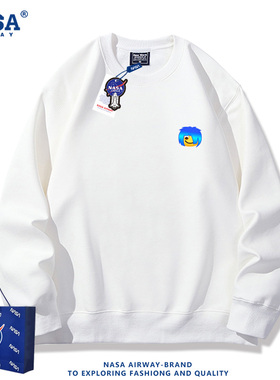 NASA联名蓝色杀马特抽象趣味表情包图案秋冬圆领卫衣男女薄款上衣