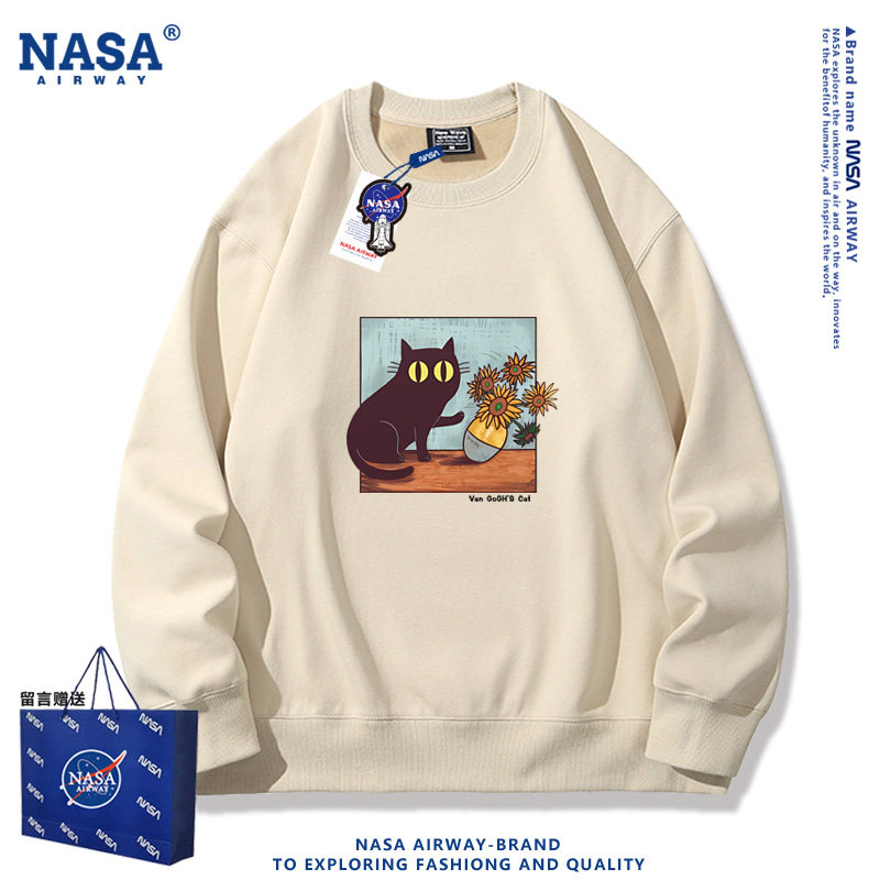 NASA联名梵高的猫复古印花图案男女宽松薄款圆领卫衣百搭上衣新款