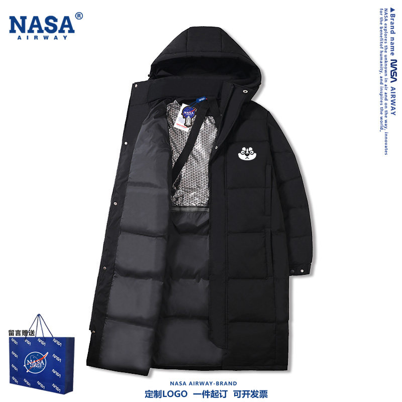 NASA联名哈士奇卡通图案印花男女连帽羽绒服百搭宽松中长款上衣服