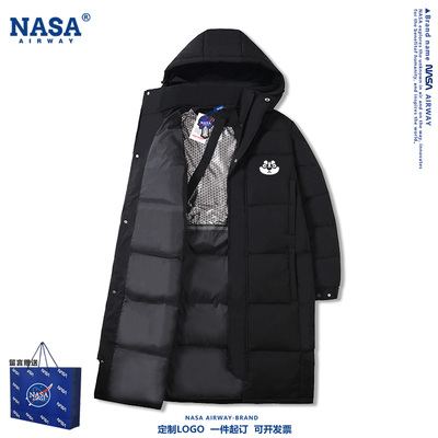 NASA联名哈士奇卡通图案印花男女连帽羽绒服百搭宽松中长款上衣服
