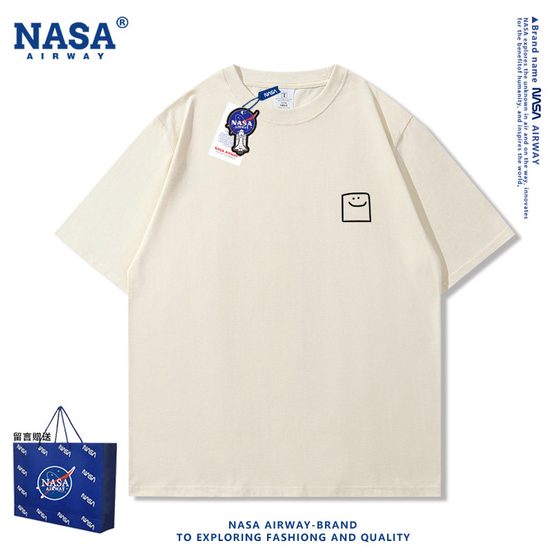 NASA AW口袋笑脸简约设计感休闲印花图案纯棉短袖T恤男女夏季上衣