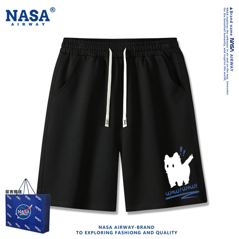 NASA联名黑色猫猫美式印花薄款五分短裤男女学生夏季新款宽松裤子