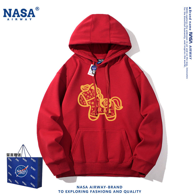 NASA AW小马年印花本命年卡通图案红色连帽卫衣男女春秋薄款外套