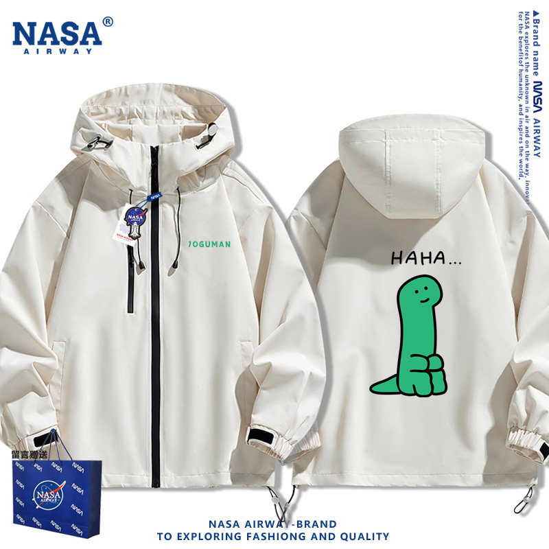 NASA联名乔古漫绿色小恐龙卡通周边夹克男女秋冬连帽冲锋衣外套潮