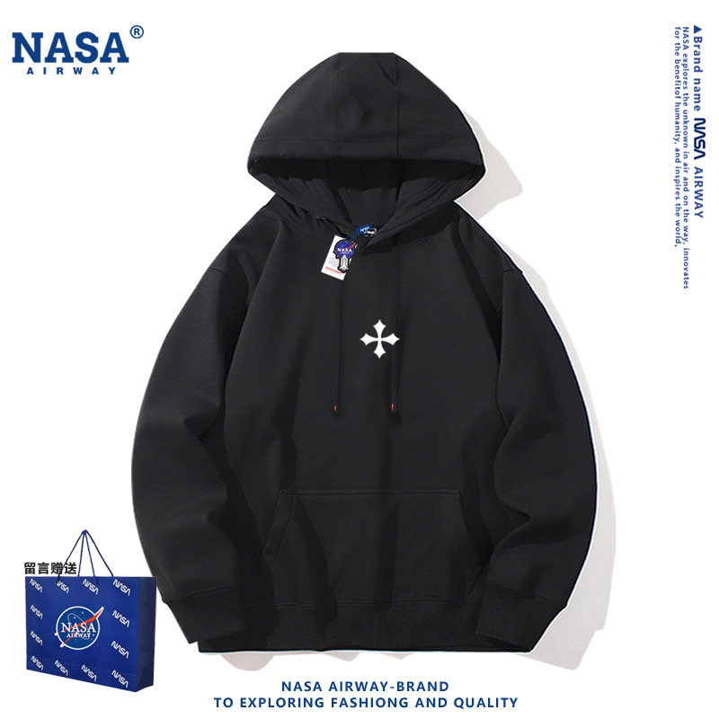 NASA联名前胸小十字架潮牌设计感印花连帽卫衣男女生薄款上衣外套
