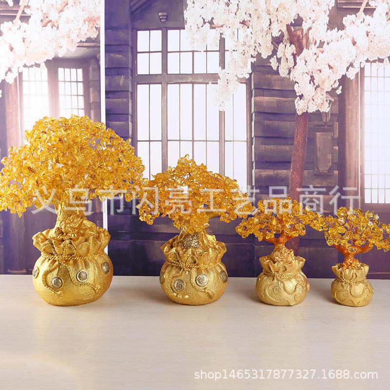 新款黄水晶发财树金蟾钱袋公桌面家居小摆件饰品家居工艺品
