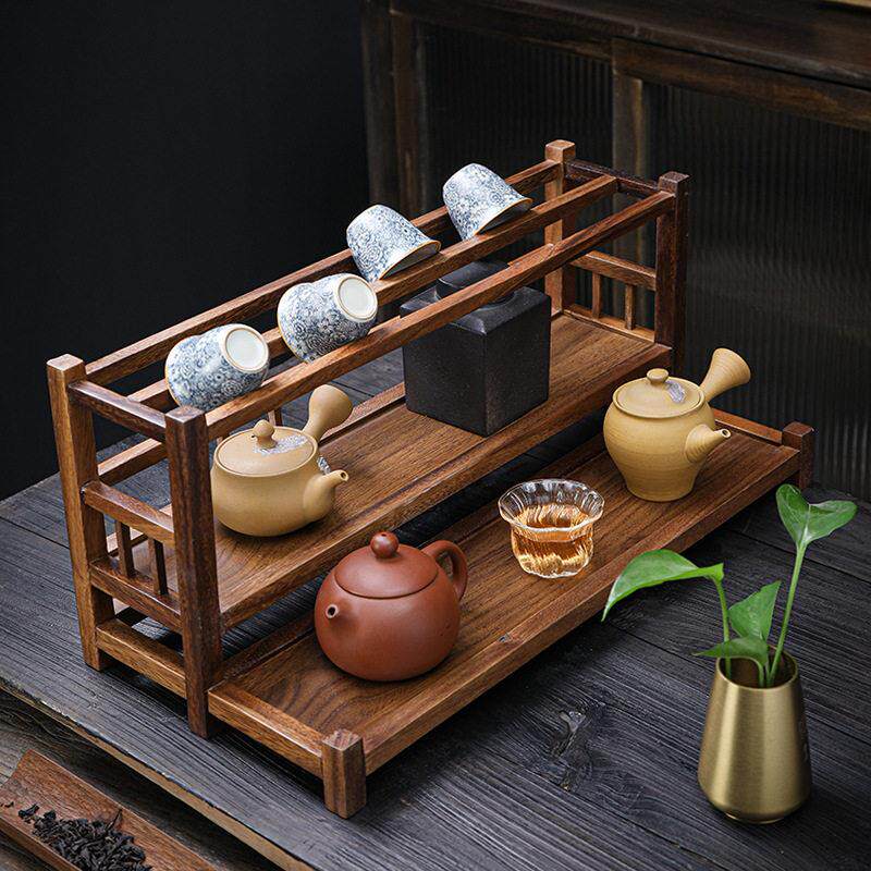 胡桃木桌面收纳双层置物架紫砂茶壶杯子功夫茶具收纳架三层壶架子