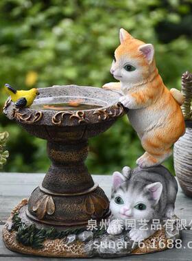 树脂双猫趴盆鱼池太阳能灯户外花园阳台草坪庭院灯装饰小夜灯摆件