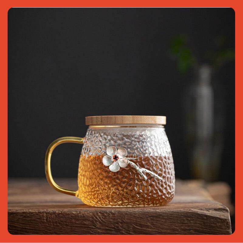馨玉坊锤纹玻璃杯带盖家用茶水分离水杯带把泡茶办公室花茶杯子女