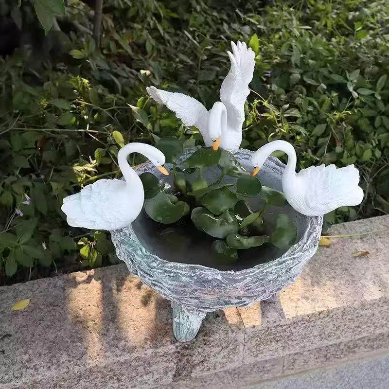 创意铜钱草水培植物花盆石臼可爱小白鸭子摆件花园庭院茶桌装饰品