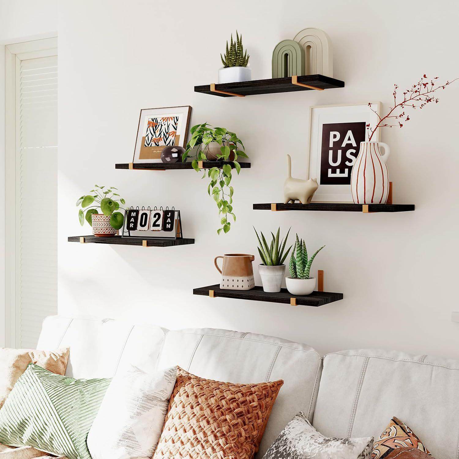 5pcs浴室墙壁木制浮动置物架 实木壁挂置物架 一字搁板壁挂储物架