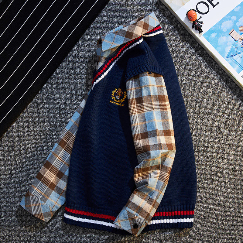 儿童针织衫男童毛衣中大童男孩2022新款秋冬款背心马甲衬衫假两件