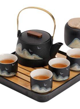 黑陶功夫茶具小套装粗陶日式家用办公茶盘茶具黑禅风轻奢茶壶茶杯
