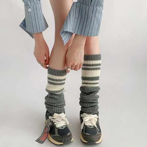 夜间教习室灰色袜套女款秋冬复古条纹小腿袜子y2k腿套针织堆堆袜