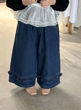 2024秋季新品女童宽松百搭文艺小清新木耳花边裤子女宝宝牛仔裤韩