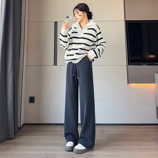 加绒加厚阔腿裤女秋冬季高腰直筒休闲裤黑色羊羔绒保暖外穿棉裤子