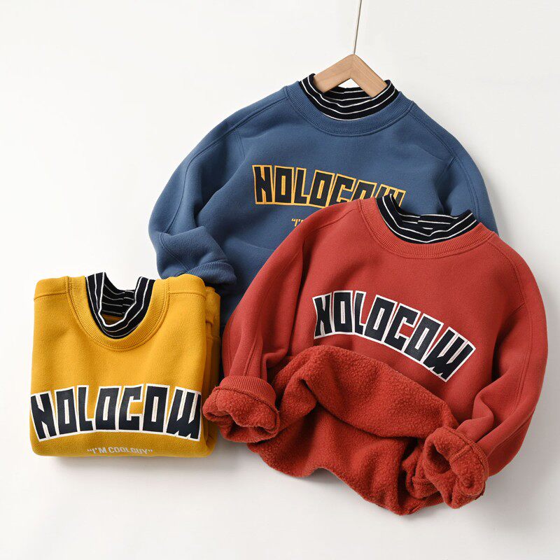 儿童半高领加绒卫衣 男童女童假两件保暖上衣中大童打底衫秋冬款