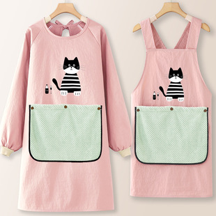 卡通风猫咪围裙女厨房做饭防水防油长袖做饭家用工作服罩衣女擦手