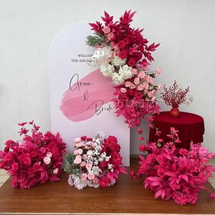饰花 结婚订婚宴仿真花玫红花艺婚庆布置迎宾牌kt板婚礼假花绢花装
