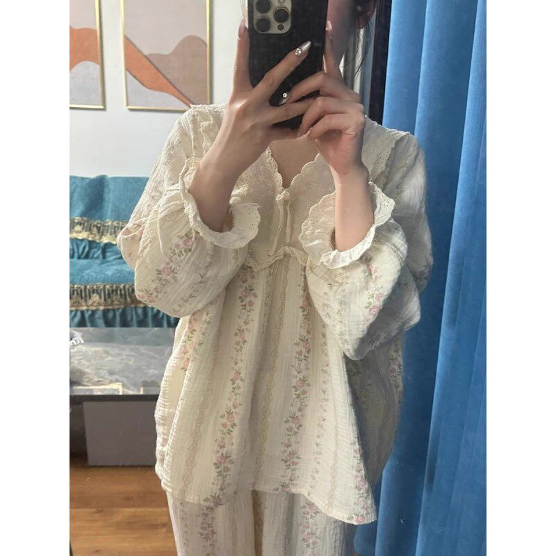 法式宫廷风纯欲少女花边棉u纱长袖睡衣女春秋季新款纯棉家居服套