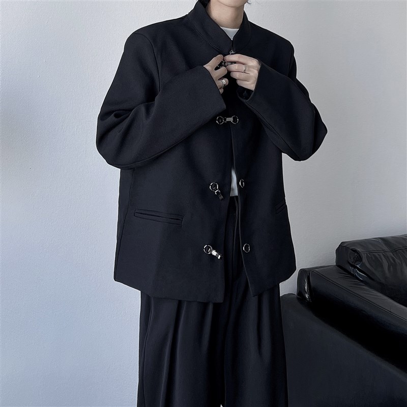 新中式复古立领垫肩西装外套2023春秋男女小众简S约休闲情侣西服