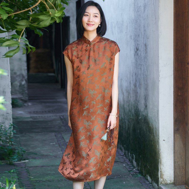 新中式复古夏季真丝交织提花缎长裙立领宽松改良唐装女套头连衣裙